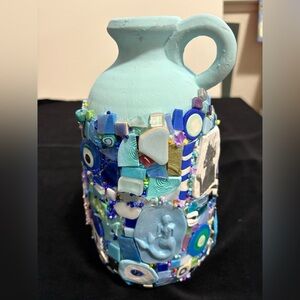 Handmade Clay & Mosaic Vessel“Mermaids Treasures”Polymer Clay &Glass 10.5”